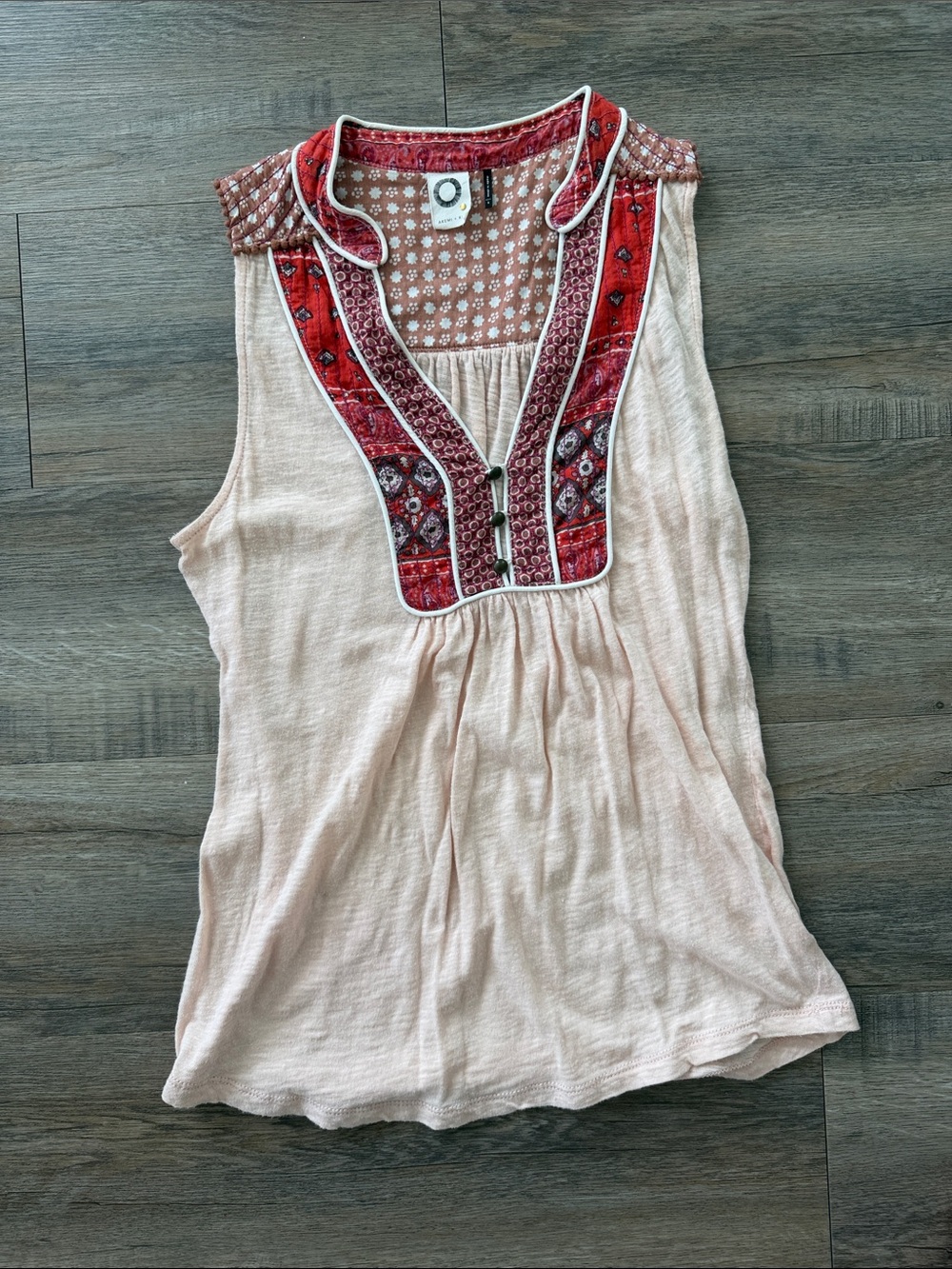 Anthropologie Blush Pink Tank with Red Embroidered Yoke